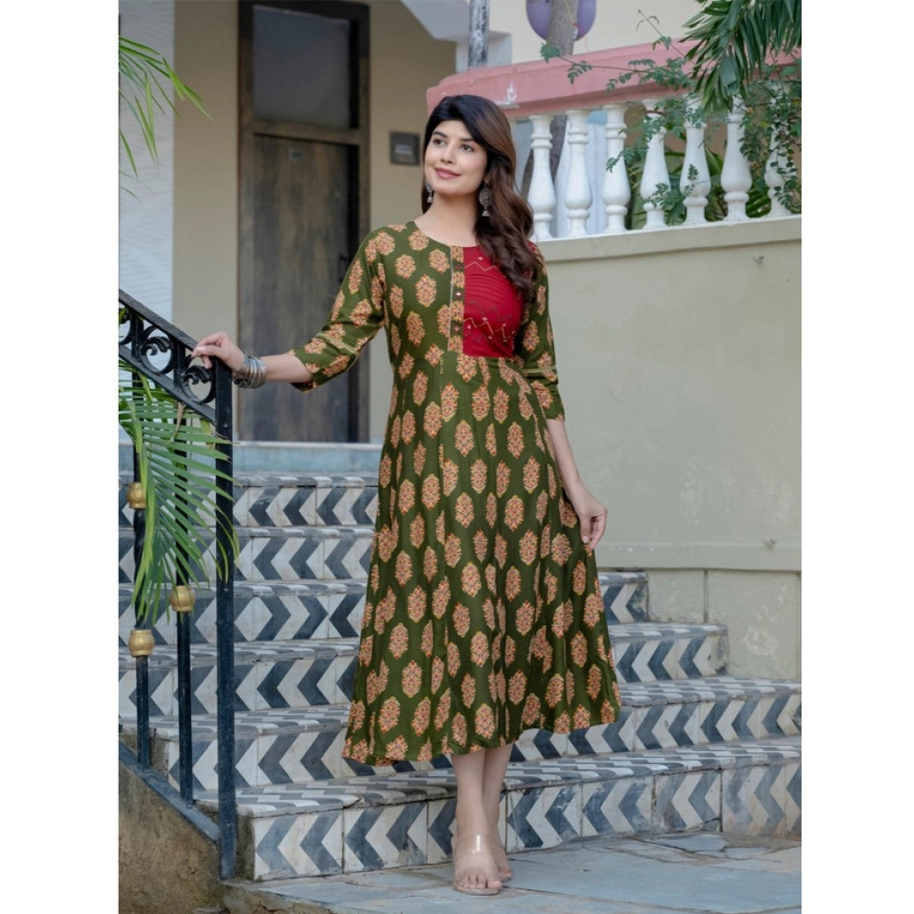 Women's Rayon Print With Embroidery Work A-Line Kurti (Dark Green) - Image 5