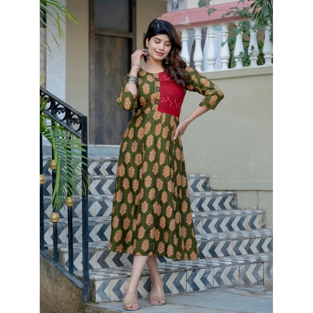 Women's Rayon Print With Embroidery Work A-Line Kurti (Dark Green) - Image 4