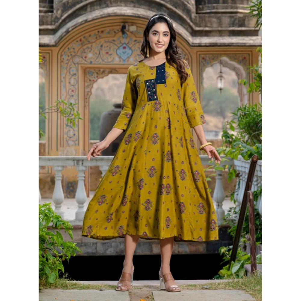 Women's Rayon Print With Embroidery Work A-Line Kurti (Mehendi) - Image 4