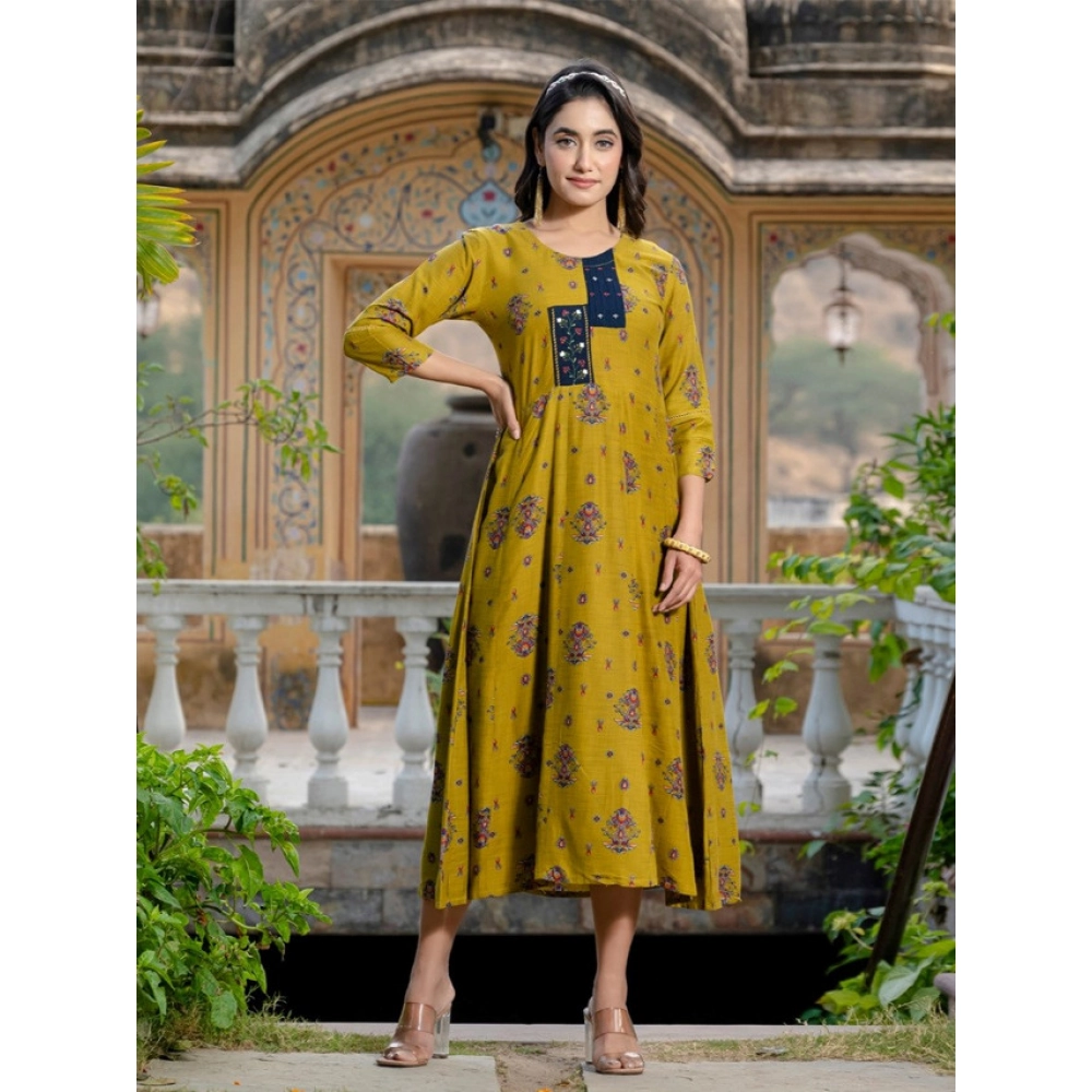 Women's Rayon Print With Embroidery Work A-Line Kurti (Mehendi) - Image 5