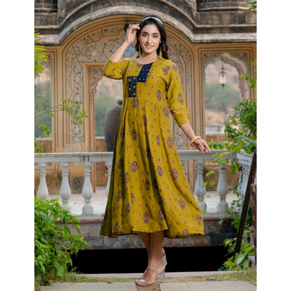 Women's Rayon Print With Embroidery Work A-Line Kurti (Mehendi) - Image 3