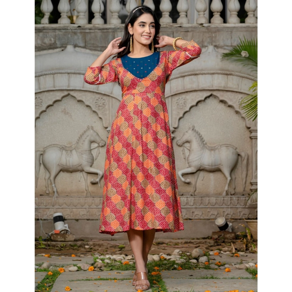 Women's Rayon Print With Embroidery Work A-Line Kurti (Multicolor) - Image 5