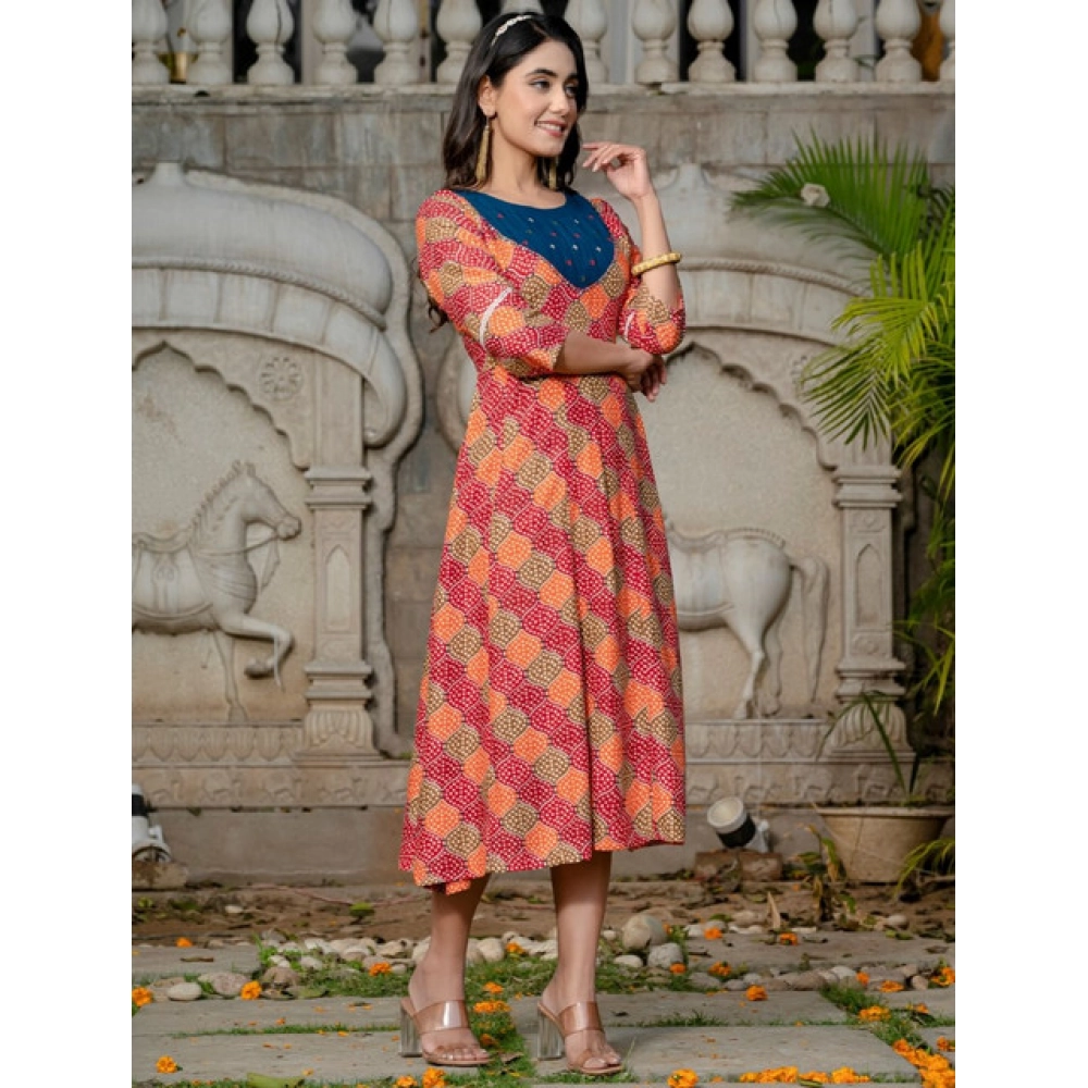 Women's Rayon Print With Embroidery Work A-Line Kurti (Multicolor) - Image 4