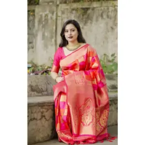 Women's Soft Litchi Silk Jacquard Work Saree With Unstitched Blouse 5.5Mtr (Red)