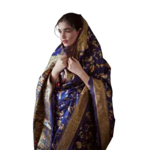 Women's Soft Litchi Silk Jacquard Work Saree With Unstitched Blouse 5.5Mtr (Blue)