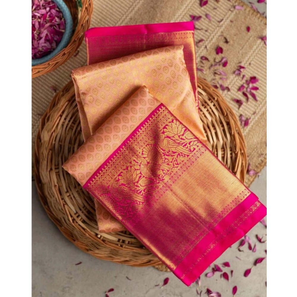 Women's Soft Litchi Silk Jacquard Work Saree With Unstitched Blouse 5.5Mtr (Pink) - Image 4