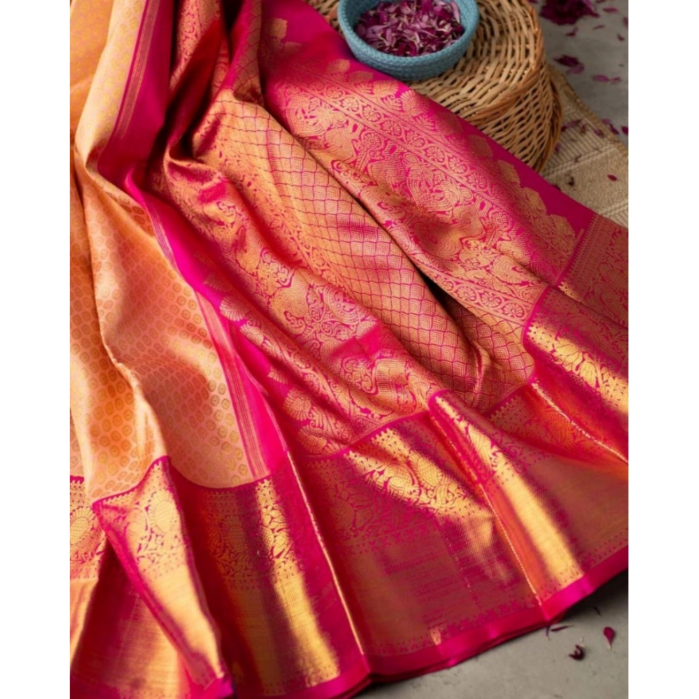 Women's Soft Litchi Silk Jacquard Work Saree With Unstitched Blouse 5.5Mtr (Pink) - Image 2