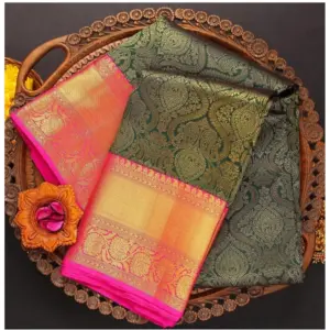 Women's Soft Litchi Silk Jacquard Work Saree With Unstitched Blouse 5.5Mtr (Green)