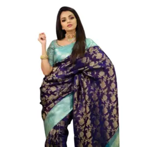 Women's Soft Litchi Silk Jacquard Work Saree With Unstitched Blouse 5.5Mtr (Blue)