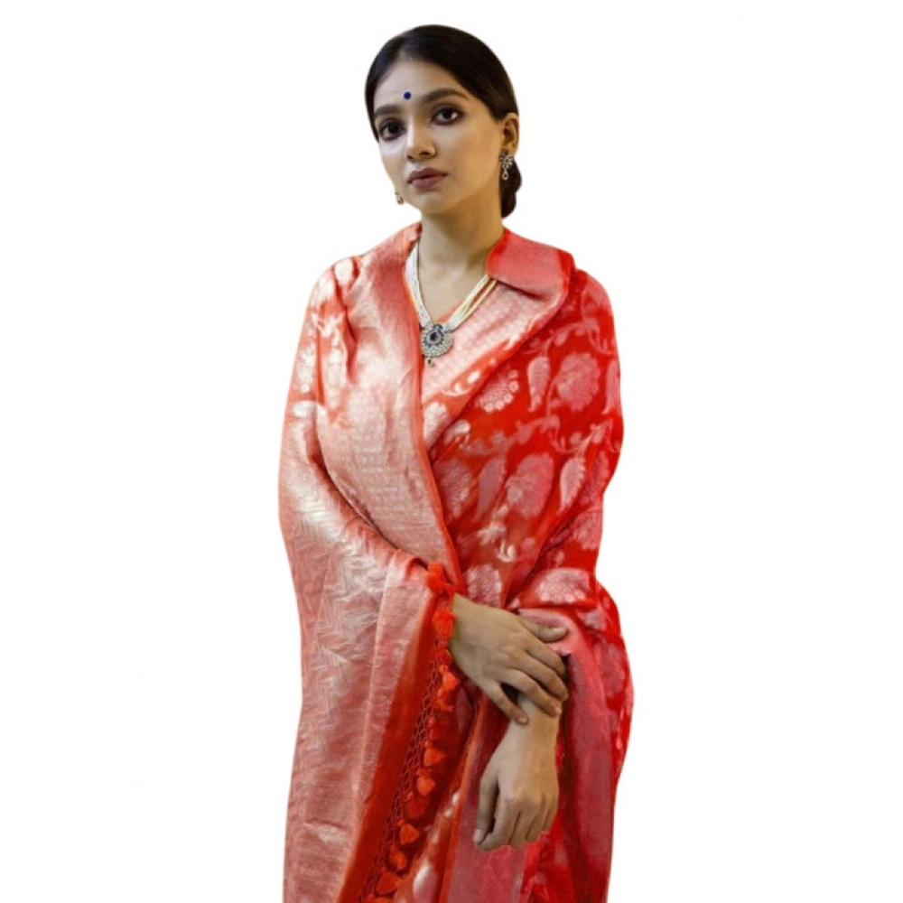 Women's Soft Litchi Silk Jacquard Work Saree With Unstitched Blouse 5.5Mtr (Red)