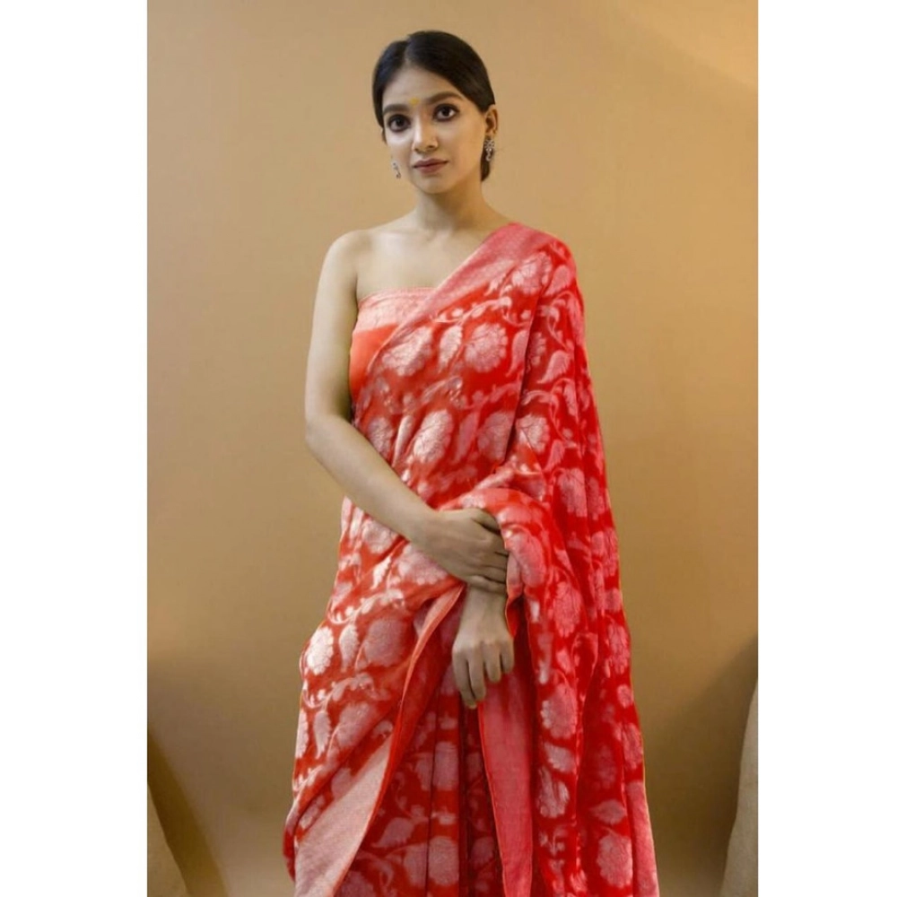 Women's Soft Litchi Silk Jacquard Work Saree With Unstitched Blouse 5.5Mtr (Red) - Image 2