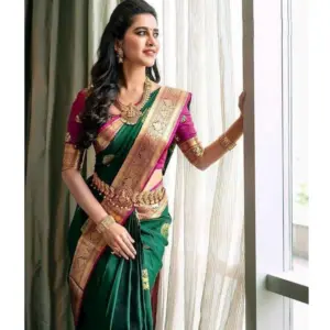 Women's Soft Litchi Silk Jacquard Work Saree With Unstitched Blouse 5.5Mtr (Green)