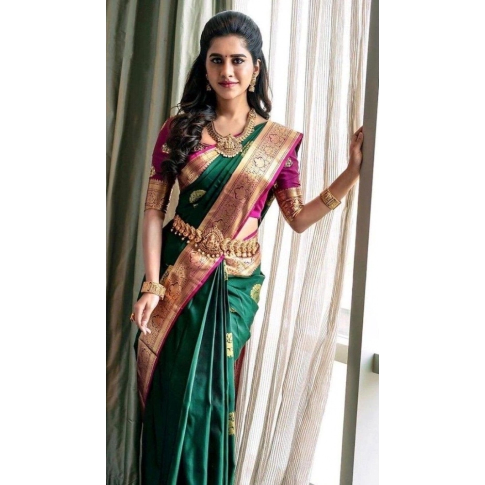 Women's Soft Litchi Silk Jacquard Work Saree With Unstitched Blouse 5.5Mtr (Green) - Image 2