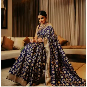 Women's Soft Litchi Silk Jacquard Work Saree With Unstitched Blouse 5.5Mtr (Blue)