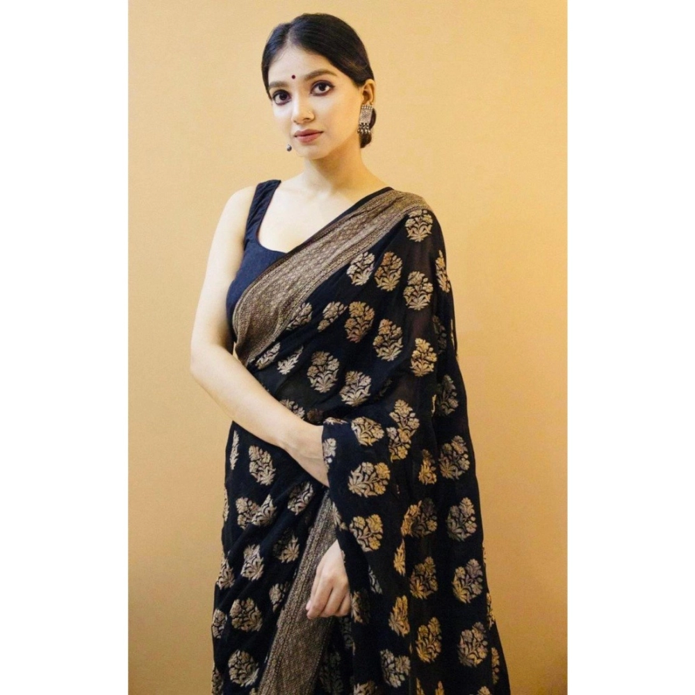 Women's Soft Litchi Silk Jacquard Work Saree With Unstitched Blouse 5.5Mtr (Black) - Image 4