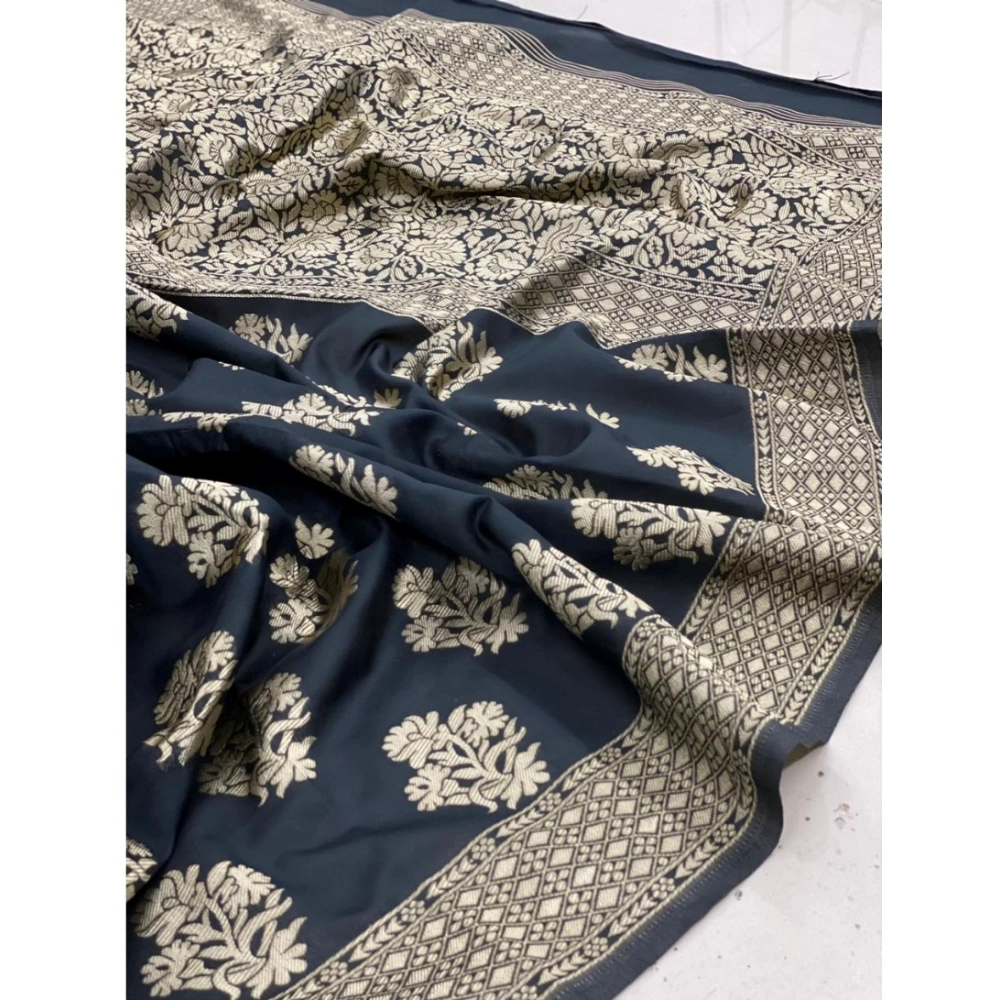 Women's Soft Litchi Silk Jacquard Work Saree With Unstitched Blouse 5.5Mtr (Black) - Image 3