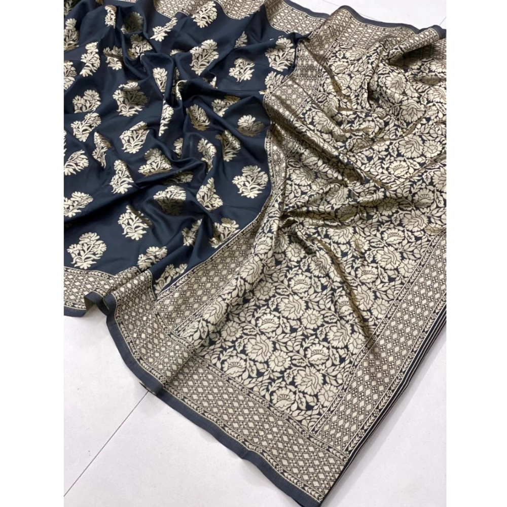 Women's Soft Litchi Silk Jacquard Work Saree With Unstitched Blouse 5.5Mtr (Black) - Image 2