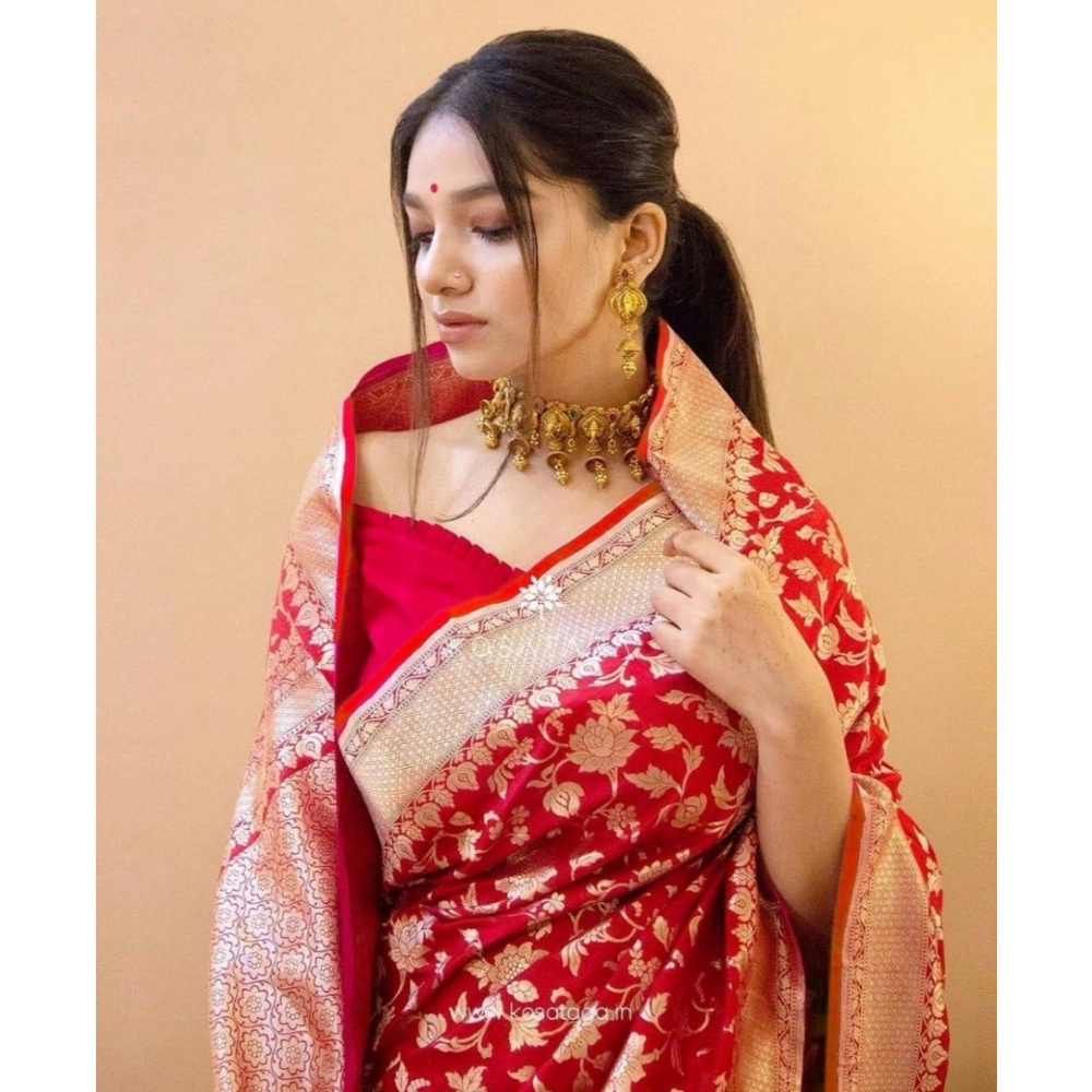 Women's Soft Litchi Silk Jacquard Work Saree With Unstitched Blouse 5.5Mtr (Red)