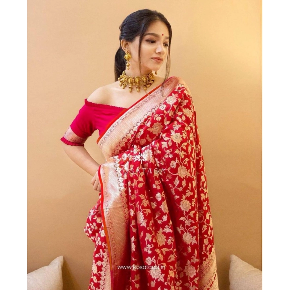 Women's Soft Litchi Silk Jacquard Work Saree With Unstitched Blouse 5.5Mtr (Red) - Image 4