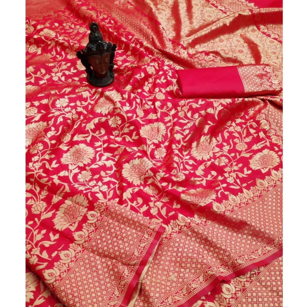 Women's Soft Litchi Silk Jacquard Work Saree With Unstitched Blouse 5.5Mtr (Red) - Image 3