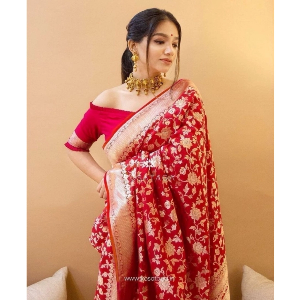 Women's Soft Litchi Silk Jacquard Work Saree With Unstitched Blouse 5.5Mtr (Red) - Image 2
