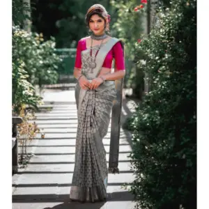 Women's Soft Litchi Silk Jacquard Work Saree With Unstitched Blouse 5.5Mtr (Gray)