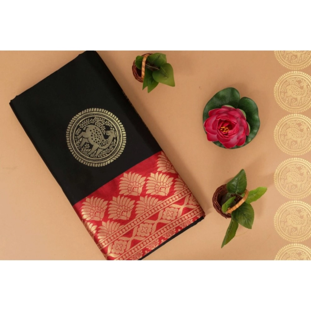 Women's Soft Litchi Silk Jacquard Work Saree With Unstitched Blouse 5.5Mtr (Black)