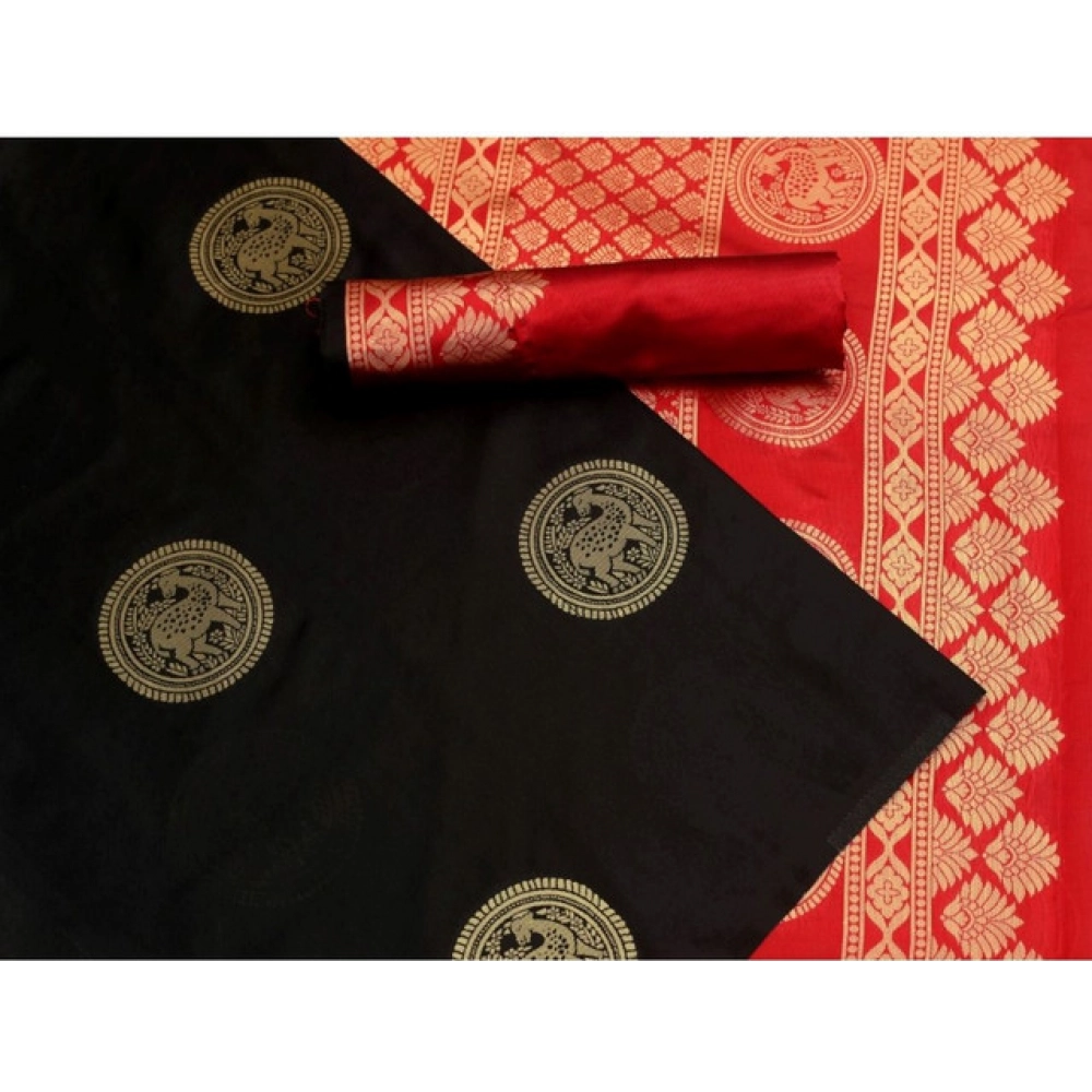 Women's Soft Litchi Silk Jacquard Work Saree With Unstitched Blouse 5.5Mtr (Black) - Image 3