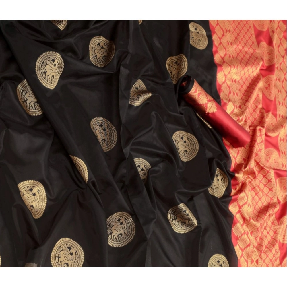 Women's Soft Litchi Silk Jacquard Work Saree With Unstitched Blouse 5.5Mtr (Black) - Image 2