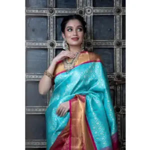 Women's Soft Litchi Silk Jacquard Work Saree With Unstitched Blouse 5.5Mtr (Sky Blue)