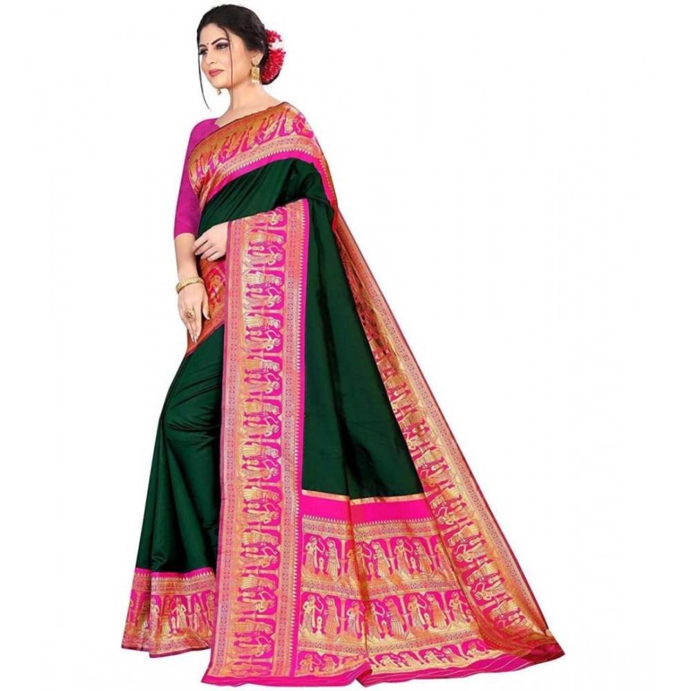 Women's Soft Litchi Silk Jacquard Work Saree With Unstitched Blouse 5.5Mtr (Green) - Image 4