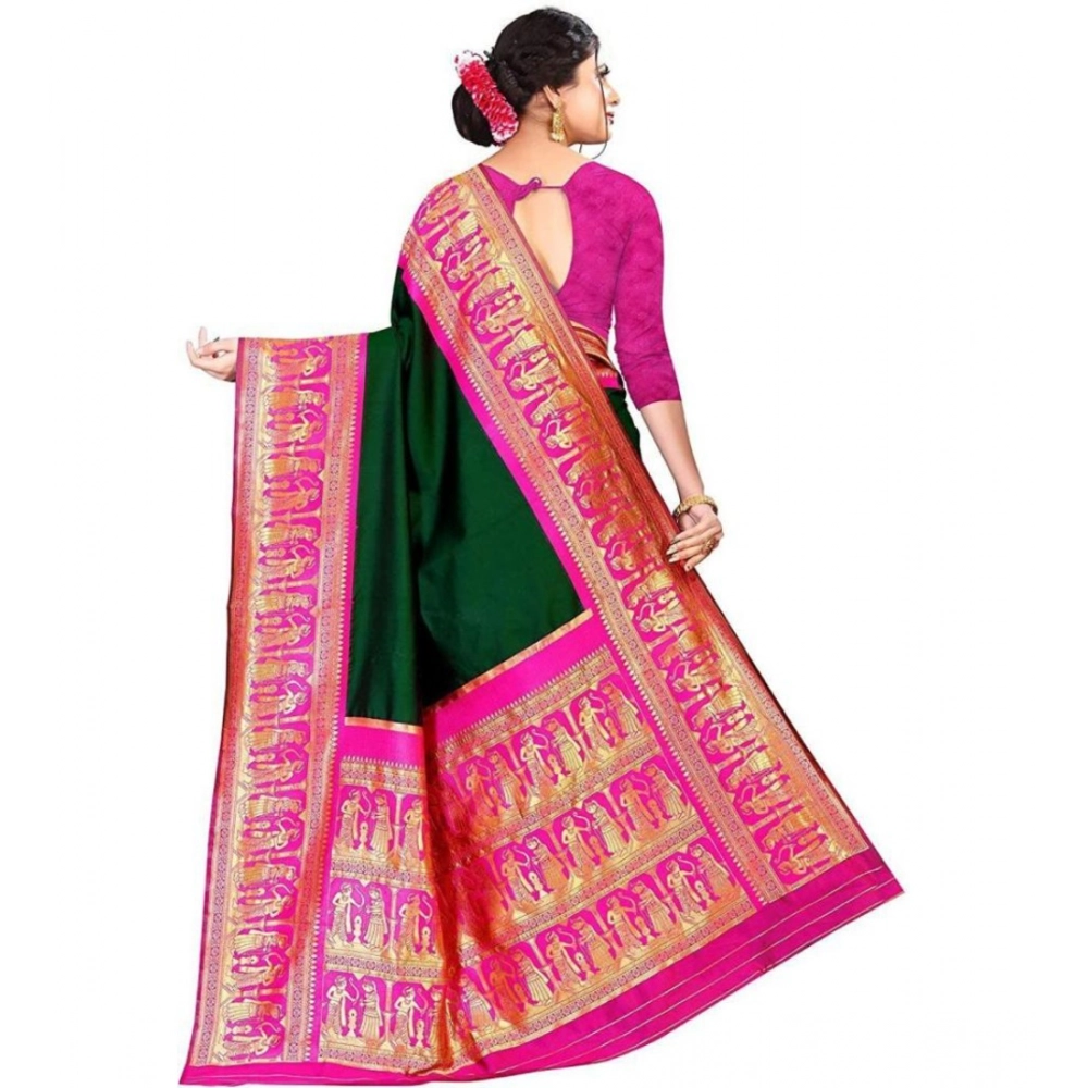 Women's Soft Litchi Silk Jacquard Work Saree With Unstitched Blouse 5.5Mtr (Green) - Image 3