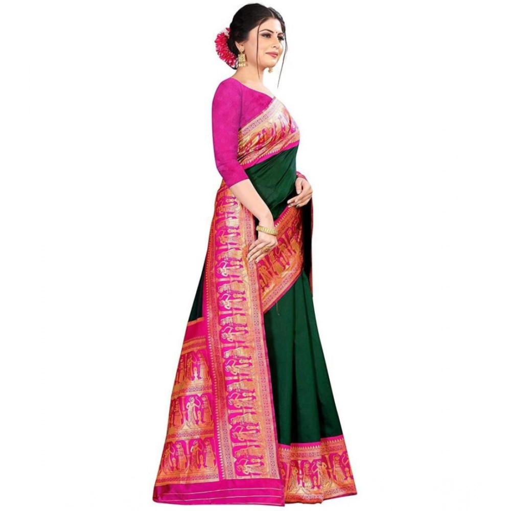 Women's Soft Litchi Silk Jacquard Work Saree With Unstitched Blouse 5.5Mtr (Green) - Image 2