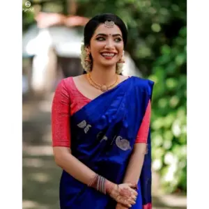 Women's Soft Litchi Silk Jacquard Work Saree With Unstitched Blouse 5.5Mtr (Blue)
