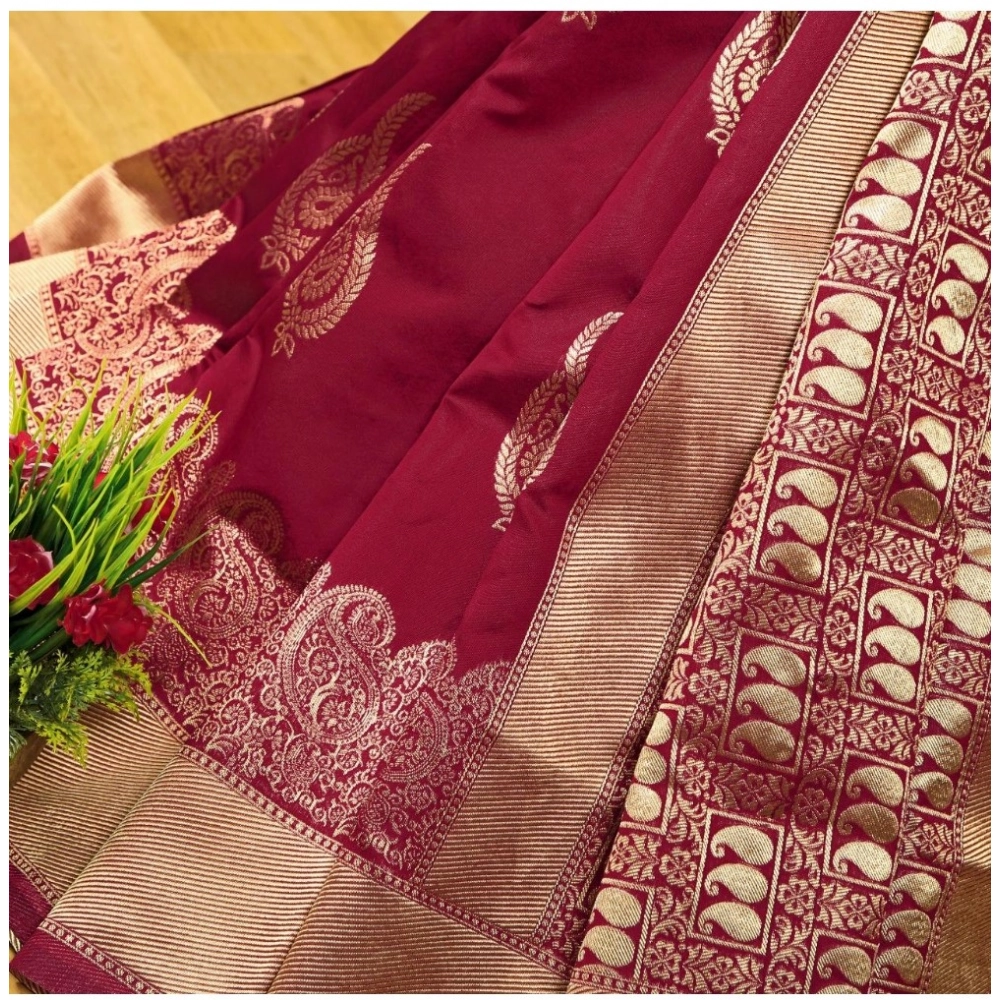 Women's Soft Litchi Silk Jacquard Work Saree With Unstitched Blouse 5.5Mtr (Maroon) - Image 2