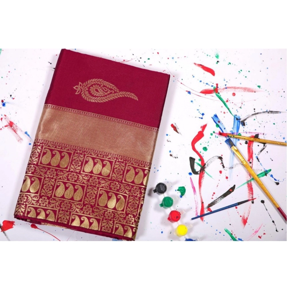 Women's Soft Litchi Silk Jacquard Work Saree With Unstitched Blouse 5.5Mtr (Maroon) - Image 3