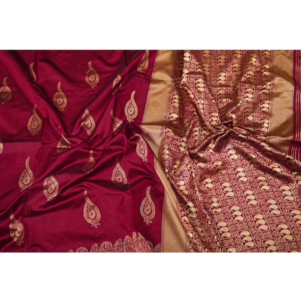 Women's Soft Litchi Silk Jacquard Work Saree With Unstitched Blouse 5.5Mtr (Maroon) - Image 4