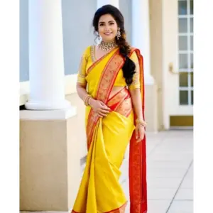 Women's Soft Litchi Silk Jacquard Work Saree With Unstitched Blouse 5.5Mtr (Yellow)