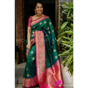 Women's Soft Litchi Silk Jacquard Work Saree With Unstitched Blouse 5.5Mtr (Green)