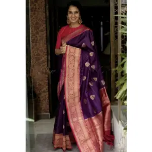 Women's Soft Litchi Silk Jacquard Work Saree With Unstitched Blouse 5.5Mtr (Purple)
