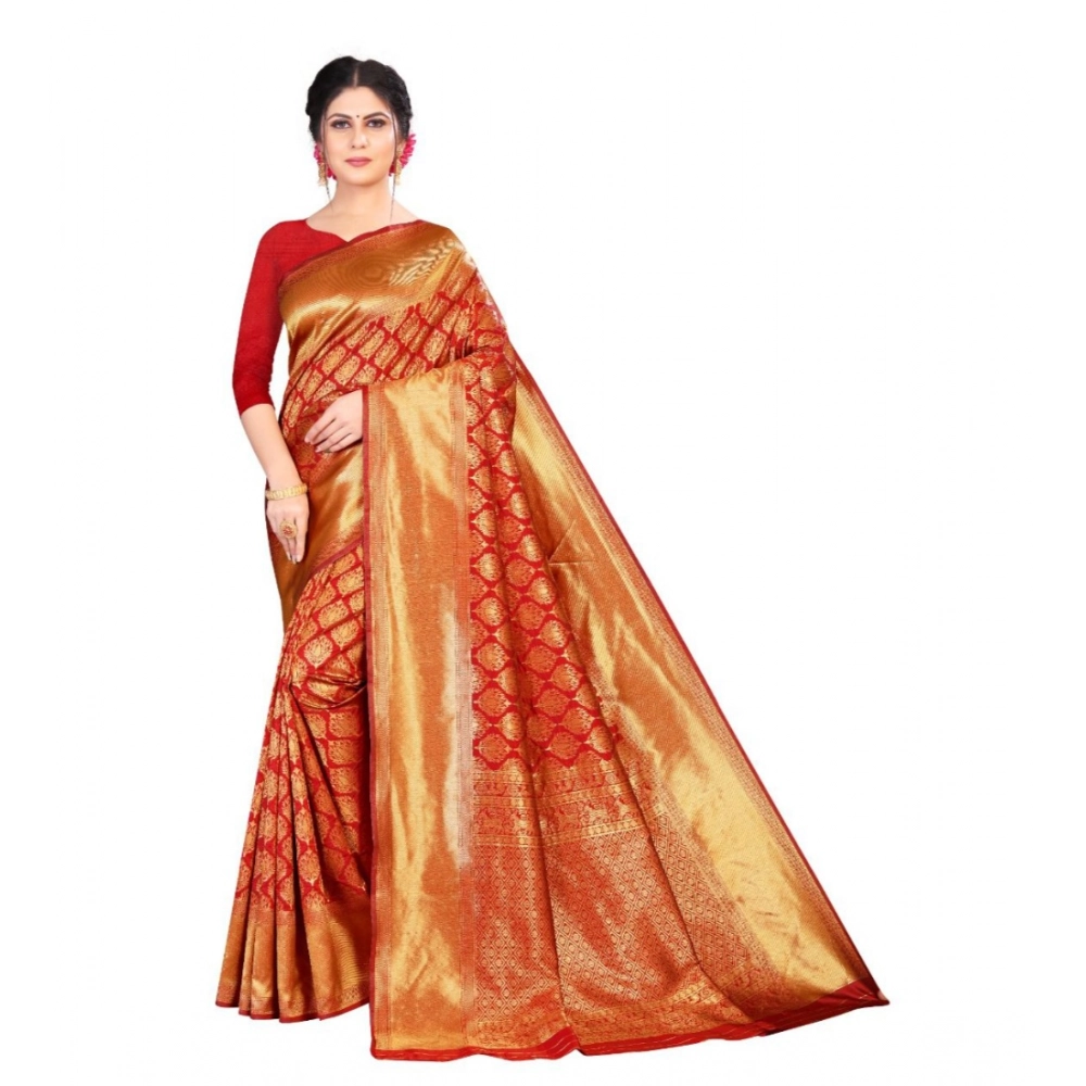Women's Soft Litchi Silk Jacquard Work Saree With Unstitched Blouse 5.5Mtr (Red)