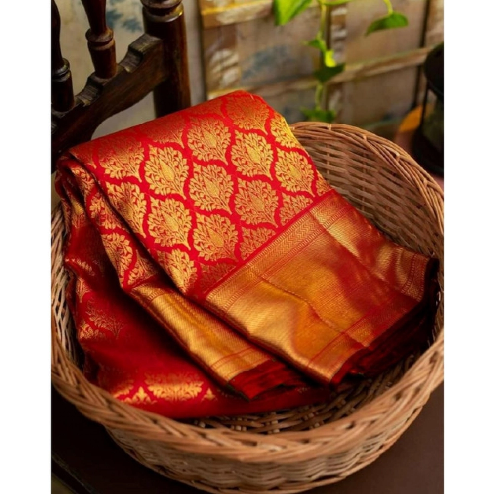 Women's Soft Litchi Silk Jacquard Work Saree With Unstitched Blouse 5.5Mtr (Red) - Image 2