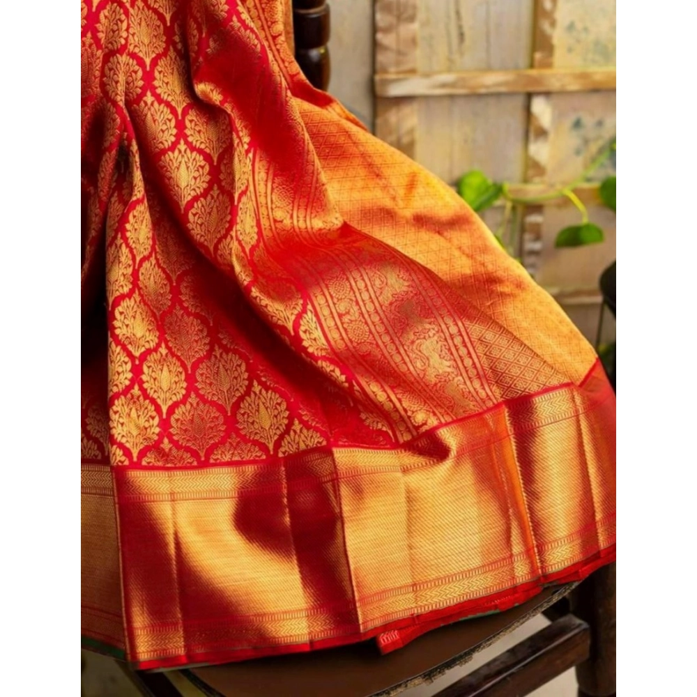 Women's Soft Litchi Silk Jacquard Work Saree With Unstitched Blouse 5.5Mtr (Red) - Image 4