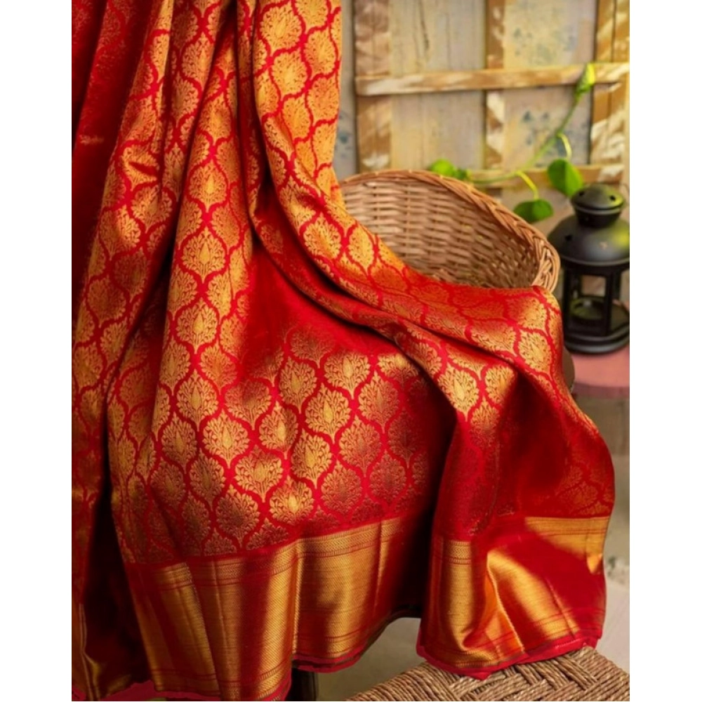 Women's Soft Litchi Silk Jacquard Work Saree With Unstitched Blouse 5.5Mtr (Red) - Image 3