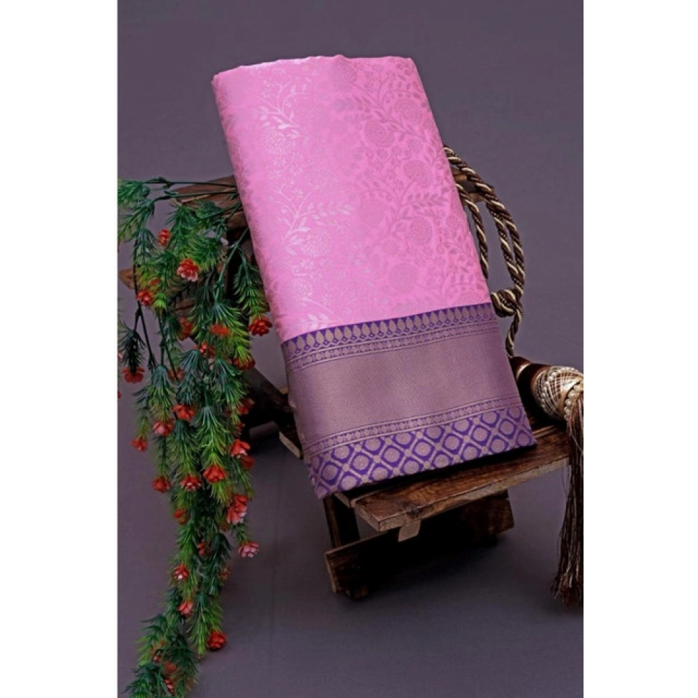 Women's Soft Litchi Silk Jacquard Work Saree With Unstitched Blouse 5.5Mtr (Pink)
