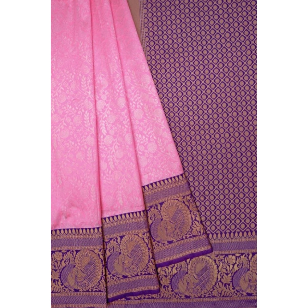 Women's Soft Litchi Silk Jacquard Work Saree With Unstitched Blouse 5.5Mtr (Pink) - Image 3