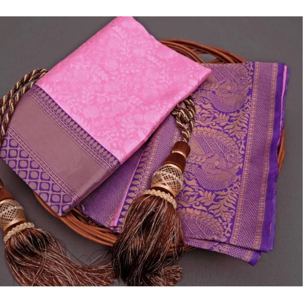 Women's Soft Litchi Silk Jacquard Work Saree With Unstitched Blouse 5.5Mtr (Pink) - Image 2