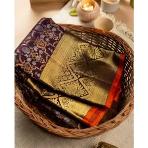 Women's Soft Litchi Silk Jacquard Work Saree With Unstitched Blouse 5.5Mtr (Purple)