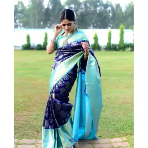 Women's Soft Litchi Silk Jacquard Work Saree With Unstitched Blouse 5.5Mtr (Blue)