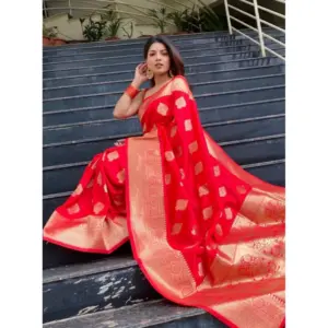 Women's Soft Litchi Silk Jacquard Work Saree With Unstitched Blouse 5.5Mtr (Red)